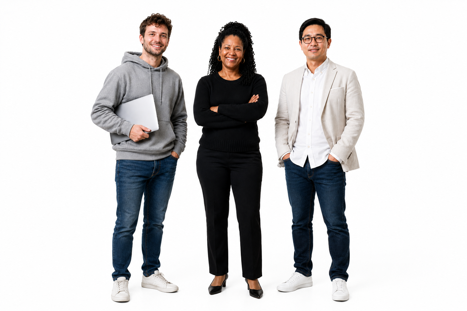 Three diverse founders standing together, smiling confidently